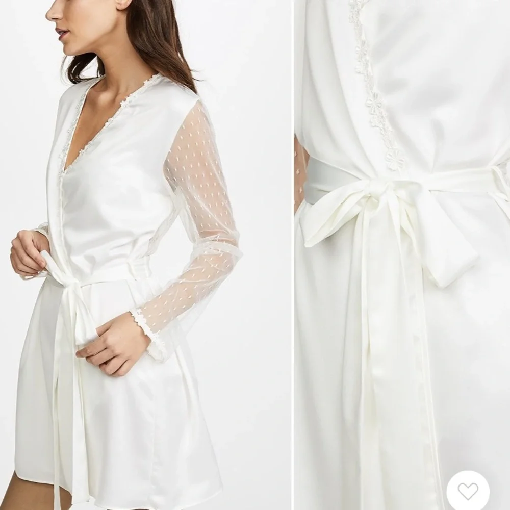 Flora Nikrooz White Charmeuse Wrap Robe with Sheer Dotted Sleeves - Picture 3 of 5